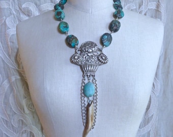 Turquoise Deer Antler and Silver Bouquet Necklace