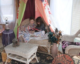 Bohemian hula hoop bed canopy, wedding tent, fabric Play tent, Reading tent, meditation tent
