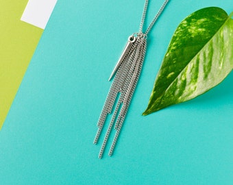 Silver chain tassel, fringe pendant necklace, stainless steel chain, spike necklace, glam rock choker, minimal layering necklace