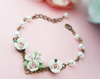 Wedding Bracelet, White Rose Bracelet, Pearl Bracelet, Vintage Bridal, Wedding Gift, Porcelain Rose, Bronze Anniversary, Bridal Roses, B5005