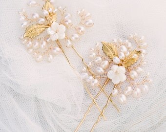 gold hair pins, bridal hair pins, wedding hair pins, floral hair pins, flower hair pins, gold headpiece, bridal headpiece - MIA (set of 2)