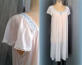 70s Delft Blue & White Nightgown - Sheer Vintage Nightgown - Tea Length - Size LARGE / XL