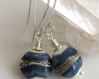 Denim Blue Glass Earrings / Lampwork Glass Earrings / Blue and Ivory Earrings / Sterling Silver Earrings