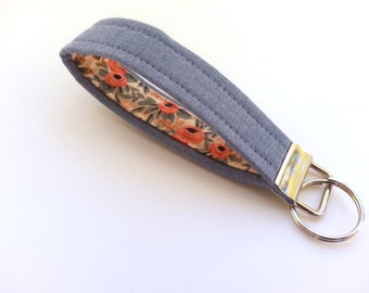 Keychain Wristlet, Chambray Fabric, Boho Keychain, Southern Style, Floral Key Fob