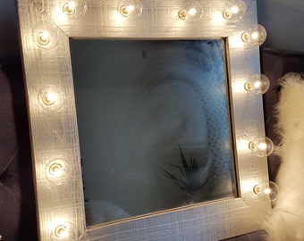 Silver Wood Vanity Mirror Light Up Light Bulbs Rustic Farmhouse Style Shabby Chic Beauty Makeup Room