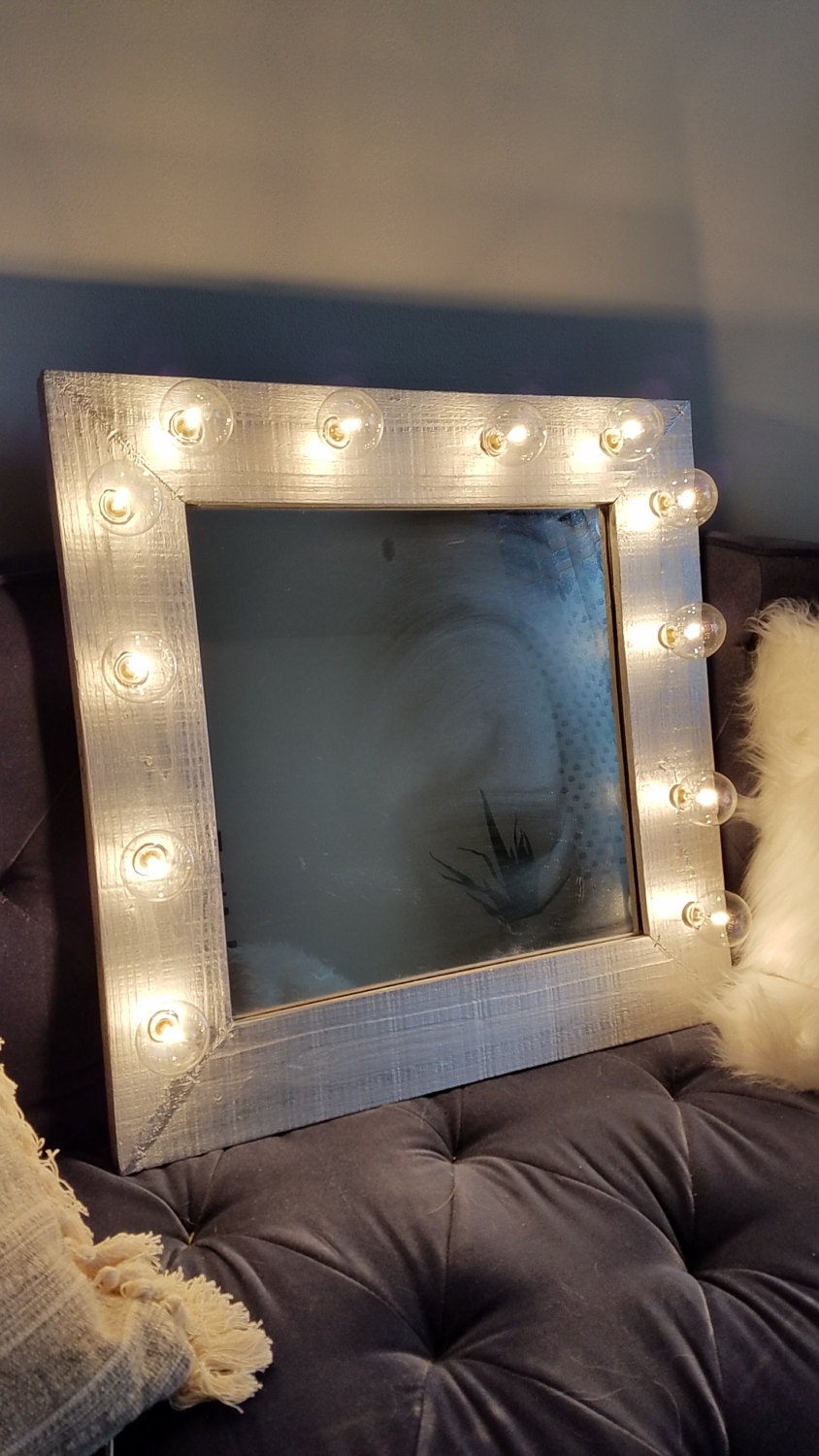 Silver Wood Vanity Mirror Light Up Light Bulbs Rustic