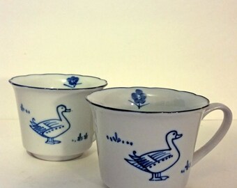 Vintage Duck Mugs, C. Steele Collection, Vintage Cordon Bleu, White and Blue, Floral Vintage Tea Cup or Coffee Mug, Hand Painted Porcelain