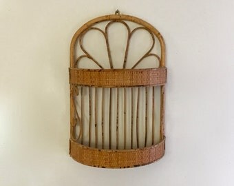Vintage Two Tier Bamboo and Wicker Wall Shelf