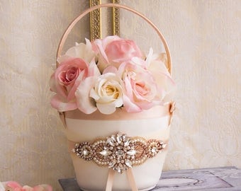 Rose Gold Flower Girl Basket, Rhinestone Flower Girl Basket, Blush Flower Girl Baskets, White or Ivory Flower Basket, Wedding Basket