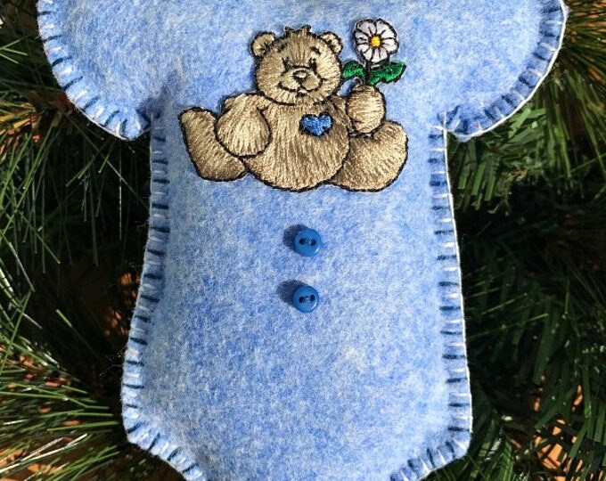 Wool Felt Bear Onesie Ornament Hanger in Sapphire Blue