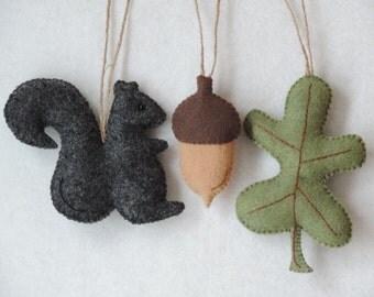 Squirrel Ornament Leaf Acorn Ornament Set Felt Animal Ornaments Felt Ornaments Christmas Fall Decor Woodland Ornaments Rustic Fall Ornaments