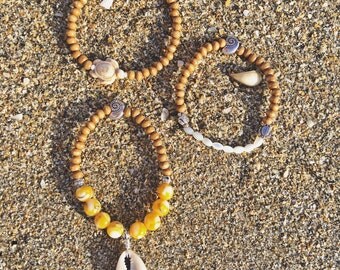 Benly Sea Turtle Hatchling Cowrie Shell Mother of Pearl and Coco Wood Bead Bracelet Set by Pisces Island