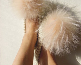 Furry Slippers, Fuzzy Slippers, Merino Wool, Knitted, Non-Slip Slippers, Crochet Women's Slippers, Large Raccoon Pom Poms, Gift Wrapped