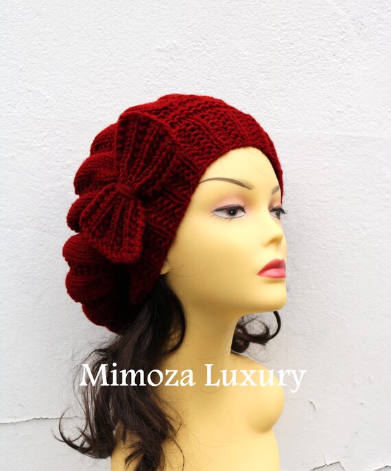 Deep Red Woman Hat with Bow, Burgundy Beret Lady's hat with bow, red hand knit hat, slouchy winter knit women's hat with bow, winter woman