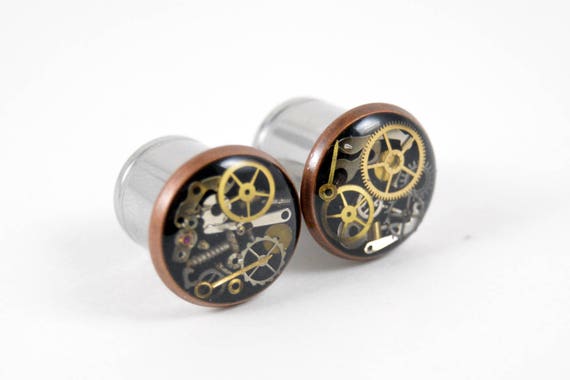 9/16 1/2 7/16 00g 0g 2g 4g 6g 8g 10g 12g Steampunk Tunnels Gauges Plugs filled with watch parts LIMITED EDITION by JewelryFX steampunk buy now online