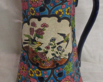 Antique art deco high glazed ceramic jug, pitcher in "emaux de Longwy", real Longwy enamel France