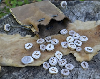 Rune set, rune set with leather pouch, antler rune set, bone rune set, viking, leather pouch, Elder Futhark runes set, Elder Futhark rune