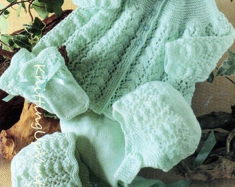 Baby Knitting Pattern 4 ply Pram Set Matinee Coat Leggings Bonnet Hat Mittens 16-20" pdf