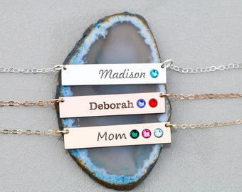 SALE • Birthstone Bar Necklace Personalized • Sterling Silver Bar Necklace Name Engraved Custom Name • Mother Gift Grandma Mom Gift BB_17