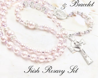 Baby Girl Irish Baptism Rosary and Bracelet Set with Irish Crucifix and Personalized with Solid Sterling Silver ideal Girl Baptism gift