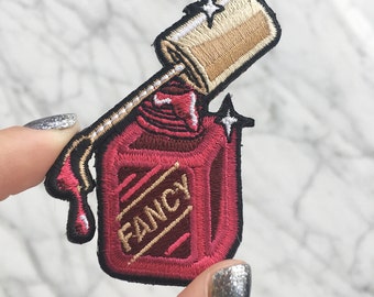 Nail Polish Iron On Patch | Embroidered Applique | Fancy Lady - Mani - Deep Red