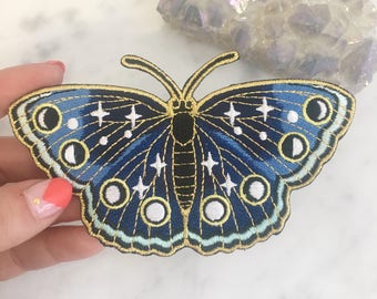 Night Butterfly Patch - Iron On Embroidered Patches - Moon Phases, Stars & Night Sky - Midnight Blue