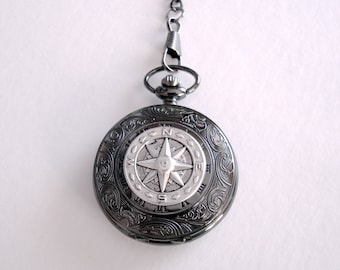 True North Pocket Watch, Nautical Compass Pocket Watch, Semi Hunter Style Compass Men's Pocket Watch, Groom Best Men Father's day Gift