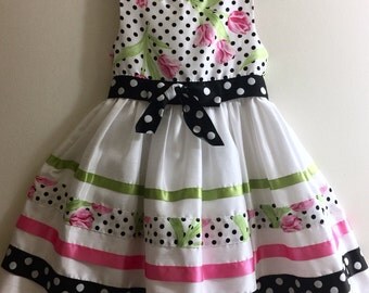 Pink Tulips Flower Girl Polka Dot Dress Christening Satin Trim Formal Evening White Princess Birthday 5 Easter Party Wedding Layered Mesh
