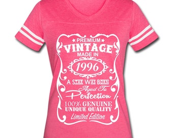21st Birthday Gift for Her - **VELVETY PRINT** *Vintage Colors* Memorable "Made in 1996" design V-neck Shirt - Birthday Gift for Her