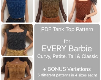 Curvy Barbie Clothes Pattern for 5 Different Knit Tank Tops, instructions also included for Tall, Petite, & Classic Sized Barbie, Easy