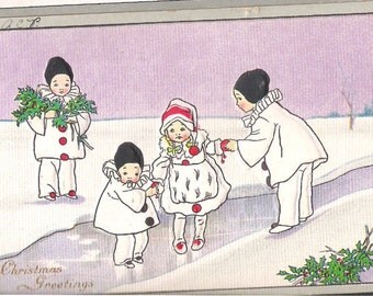 Antique Christmas Postcard 1918 Stecher Litho Co Girl Sliding with Clowns Helping C112