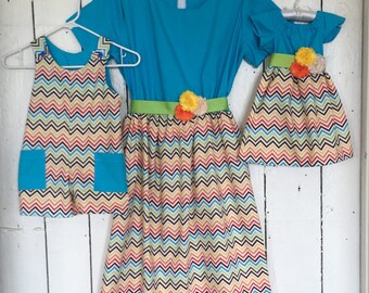 SUMMER DRESS girls women babies in tourquise blue chevron yellow cotton mommy and me dresses match family outfits boy girl clothes matching