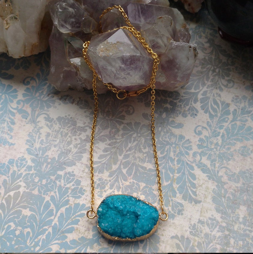 1 25 Blue Druzy Quartz Oval Pendant With Gold Plated