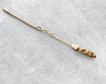 Gemstone Hair Stick — Leopard Skin Jasper | minimal metal bun stick | long pin for updo | hammered brass boho hair bun pin | stone hairstick
