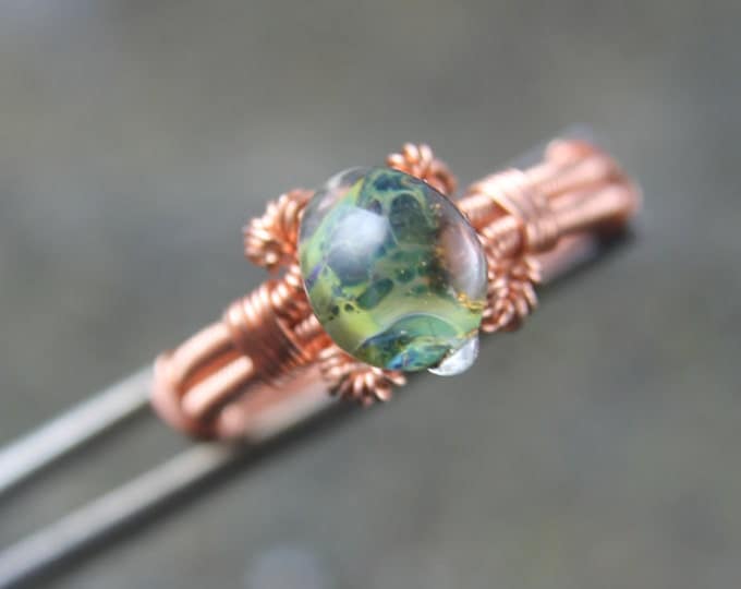 Copper Wire Weave Glass Lamp Work Ring Size 8 | Wire Wrap Beaded BoHo Jewelry | Unique Valentine's Day Gift for Him or Her