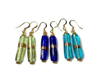 Everyday Earrings, Glass Bead Dangle Earrings, Light Green, Blue Dangle Earrings, Handmade Artisan Jewelry