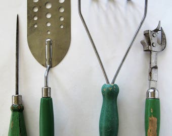 4 Vintage Kitchen Utensils ~ Green Wood Handles ~ Instant Collection ~ Spatula Ice Pick Can Opener Masher