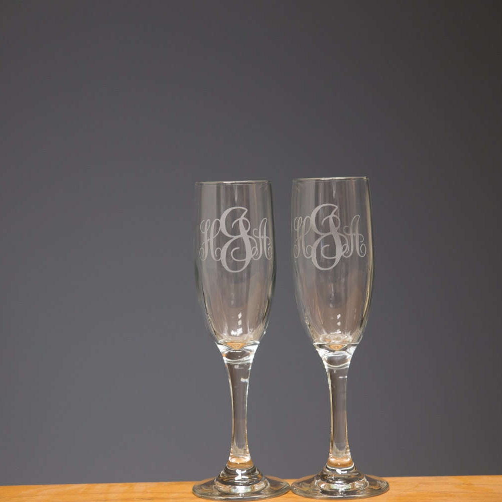 Monogram Champagne Flutes Etched Monogrammed Wedding Toasting 8451