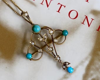Antique Edwardian Turquoise Seed Pearl Necklace, Victorian Turquoise Gold Pendant, Art Nouveau Turquoise Brooch Pin, 1890s Gold Pendant