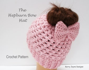 MESSY BUN HAT Pattern Hepburn Bow hat Crochet Pattern Bow Hat Crochet Pattern Pony Tail Hat Crochet Pattern Sizes 2 yrs - X L Adult