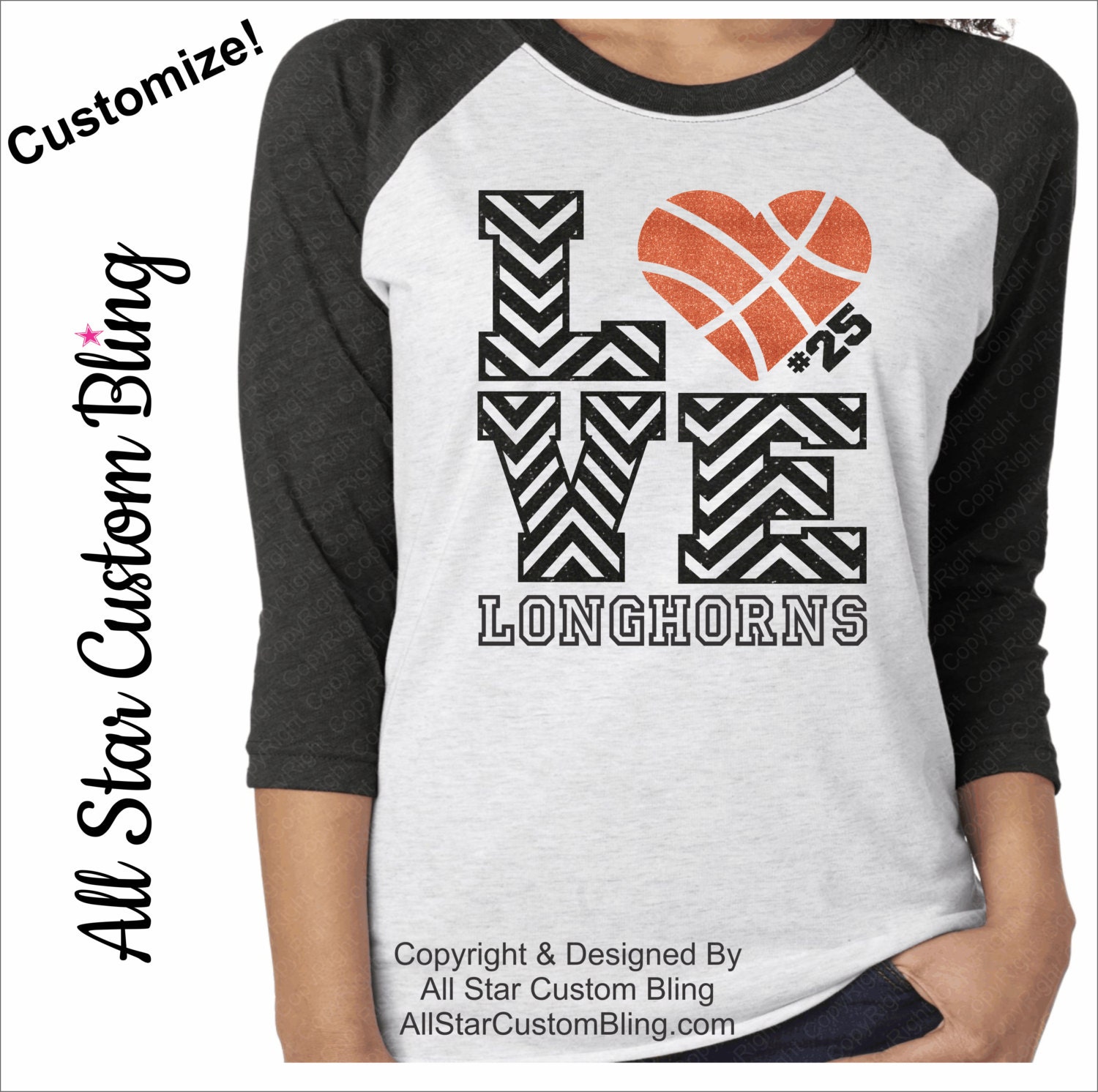 Glitter Love Basketball Chevron TriBlend Raglan Custom