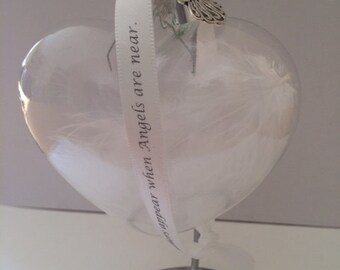Memorial Glass bauble, Heart Bauble, Remembrance Bauble, Memorial Gift, Hanging Heart, Feathers appear bauble, Glass Heart Bauble,