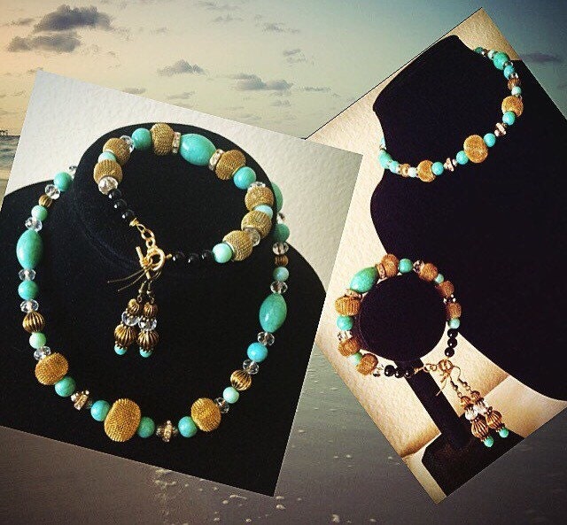 Turquoise And Gold Trendy Jewelry Set Mothers Day Gift