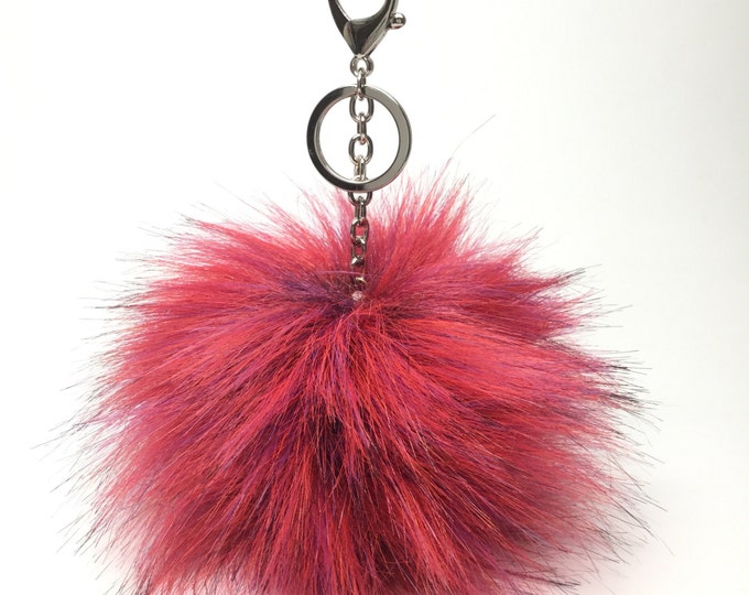 NEW! Faux Fox multicolor Dark Pink Fur Pom Pom bag Keyring Hot Couture Novelty keychain pom pom fake fur puff keyring