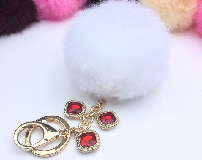 DIY Customized White Real Genuine Rabbit fur pom pom keychain puff ball charm keyring