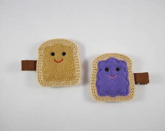 NEW PB & J peanut butter jelly felt embroidered hair clip set
