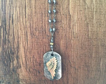 Angel Wing Hematite Hand Wired Necklace, Angel Wing Y Necklace, Dainty Angel Wing Necklace, Unisex Angel Wing Tag, Men's Angel Wing Dog Tag