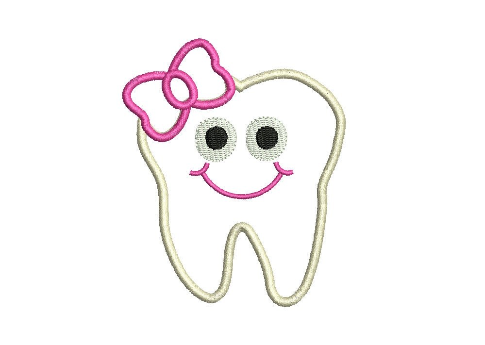 Tooth Machine Embroidery Applique Design, Baby Tooth with Bow, Girl's
