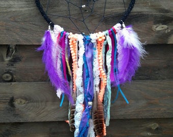 Attrape rêves ethnique, indien, plumes, dentelle, dreamcatcher