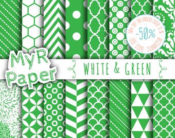 SALE 50% Christmas Digital Paper: "White & Green" Digital Paper Pack and Backgrounds with Chevron, Damask, Triangles, Stripes and Polka Dots